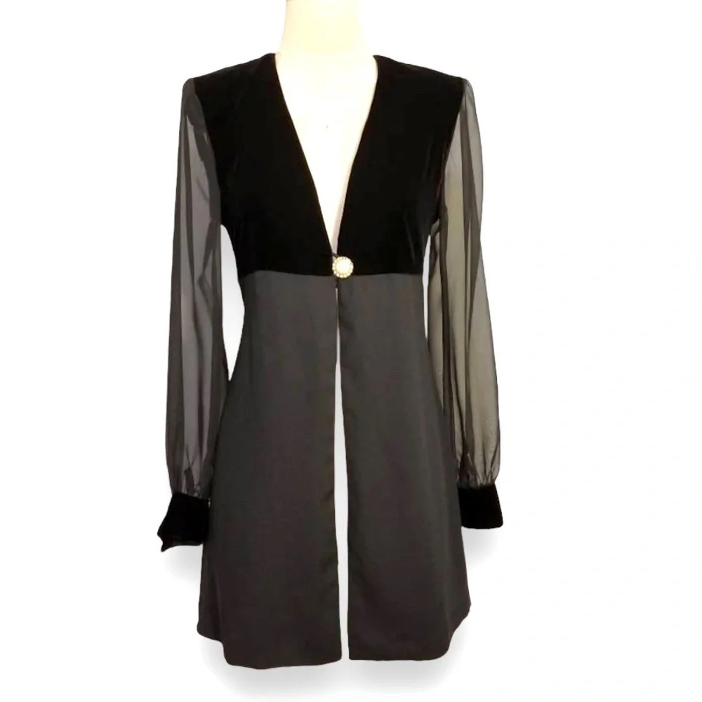 Black Long-Sleeve Sheer-Sleeve Coat Dress